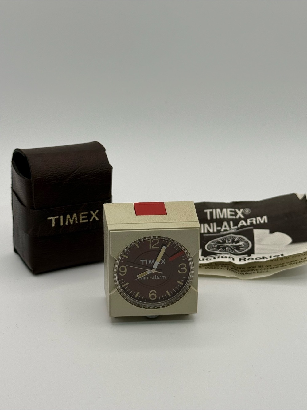 Vintage Timex Mini Alarm Travel Clock Cube Case Manual 1970s 80s Retro